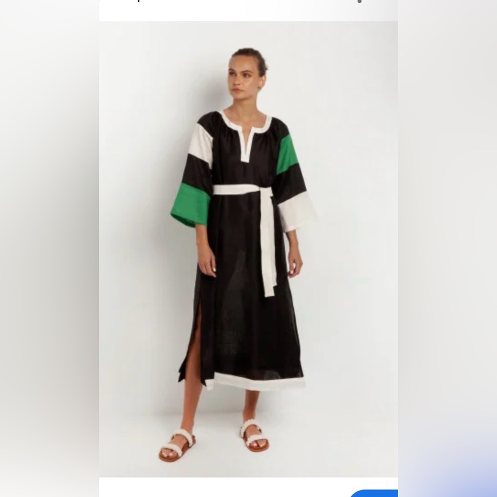 Greek Archaic Kori dress 100% linen color block tie waist size XS